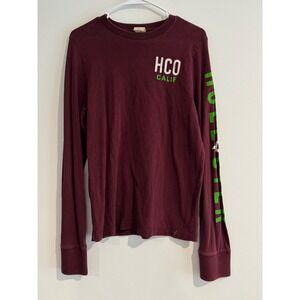 Hollister Graphic Long Sleeve T-Shirt Mens Small Burgundy Neon Green Sleeve Logo